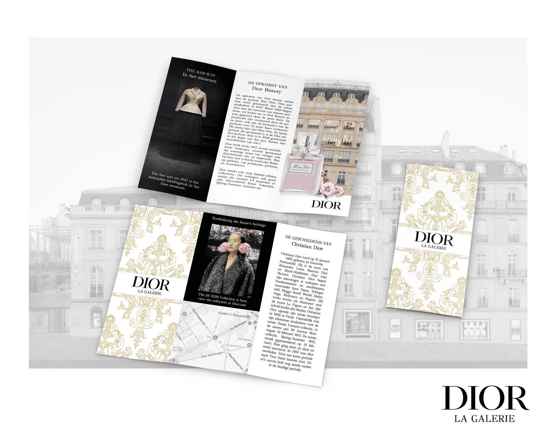 This self-initiated project explores editorial and print design through the creation of an informational museum folder inspired by La Galerie Dior in Paris. The objective was to design a brochure that reflects Dior's elegant visual identity while presenting information in a clear, engaging, and cohesive way.